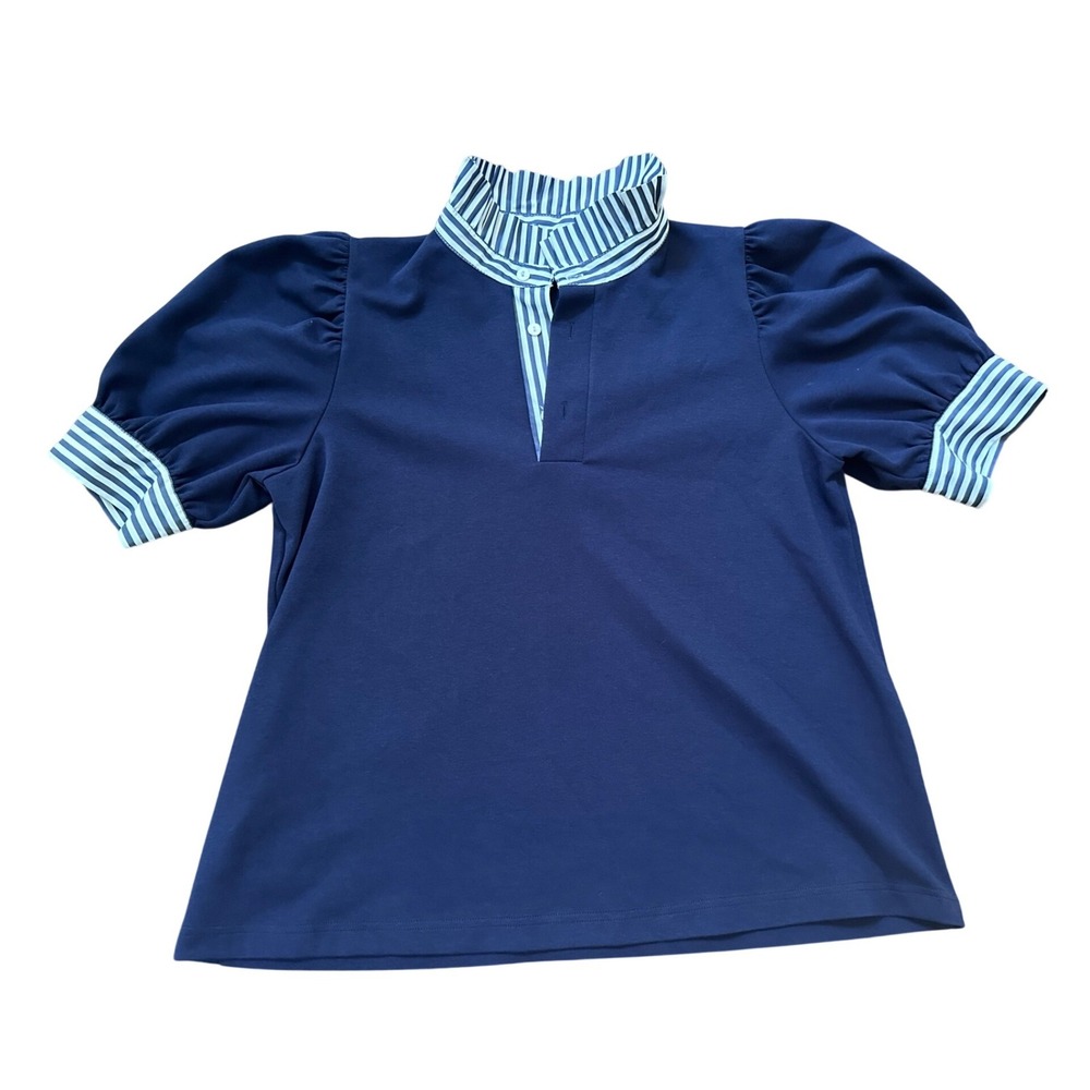 Entro Womens Navy Puff Sleeve Collared Top Size Small